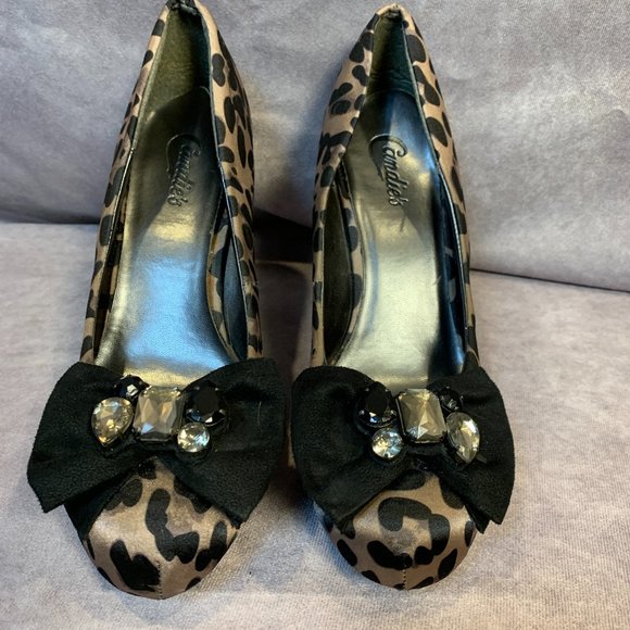 Candie's Shoes - Candies High Heels Leopard Print with Satin Bow & Jeweled Bling!